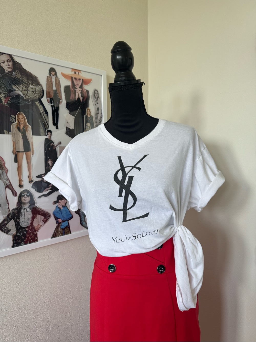 Yves Saint Laurent White V-Neck Logo Tie-Side Tee